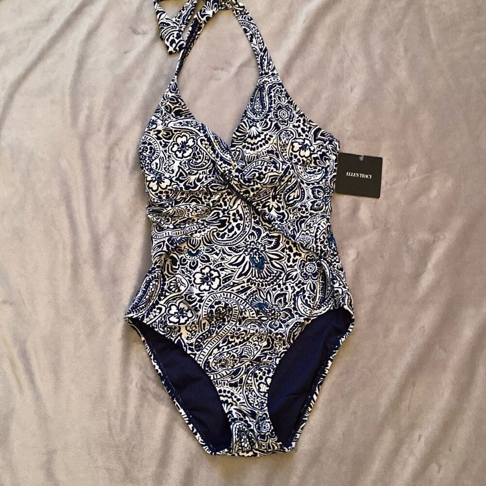 Ellen Tracy Womens Navy Blue Plunge Halter Neck Tie One-Piece Swimsuit Size 6